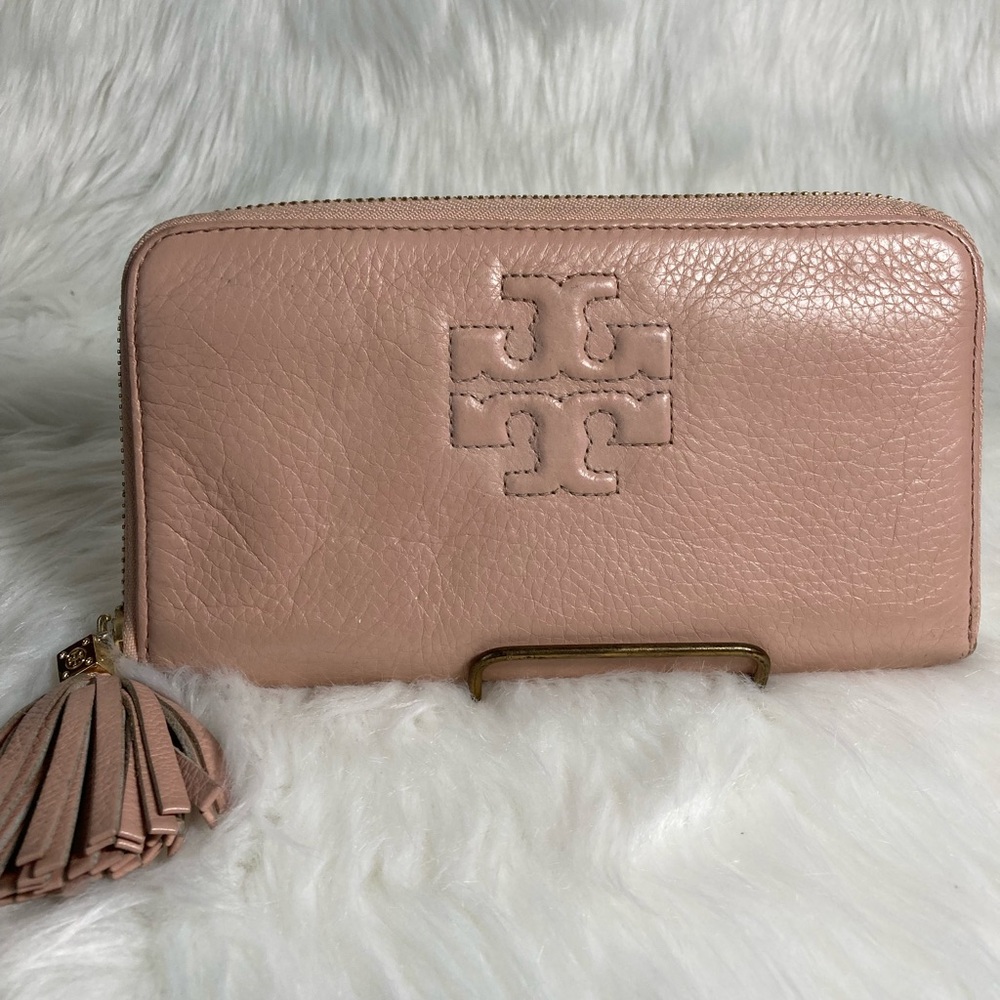 Tory Burch Light Pink Pebbled Leather Wallet with Tassel